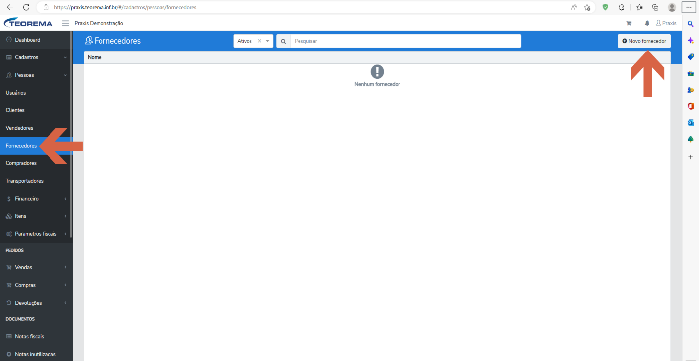 Tela de Fornecedores com o item "Fornecedores" destacado no menu, a mensagem "Nenhum fornecedor" e o botão "Novo fornecedor" destacado.