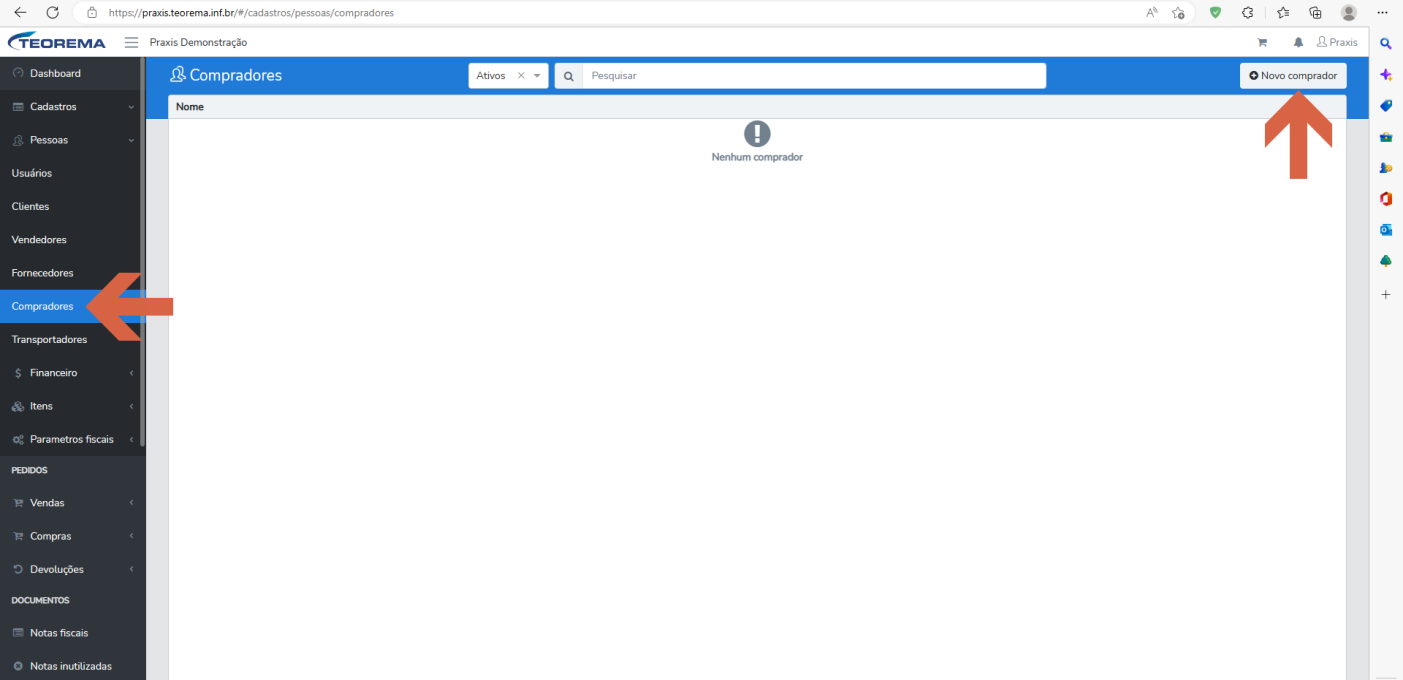 Tela de Compradores com o item "Compradores" destacado no menu, a mensagem "Nenhum comprador" e o botão "Novo comprador" destacado.