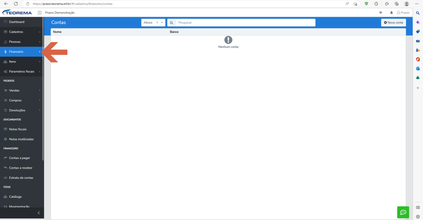 Tela de Contas com o item "Financeiro" destacado no menu lateral e a mensagem "Nenhum conta".