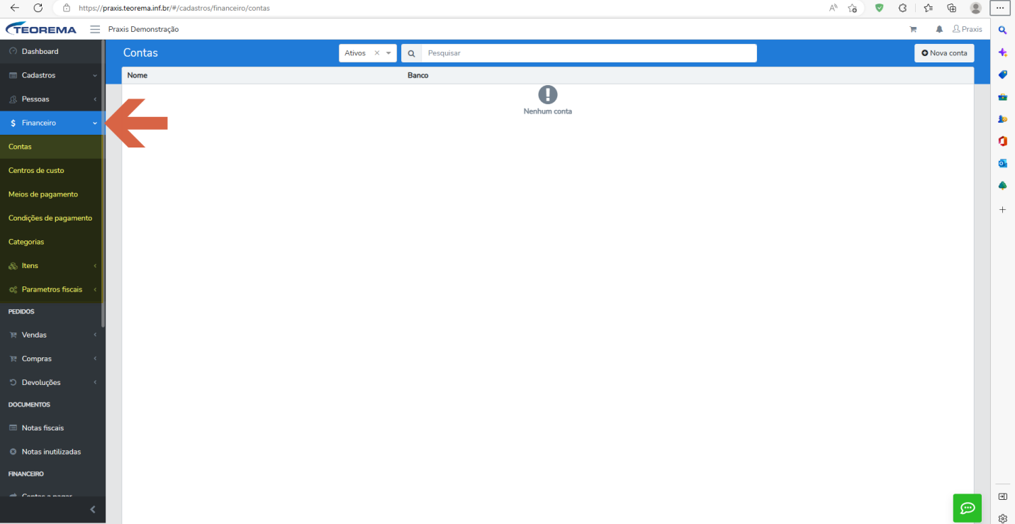 Submenu Financeiro expandido, com as opções Contas, Centros de custo, Meios de pagamento, Condições de pagamento e Categorias destacadas.