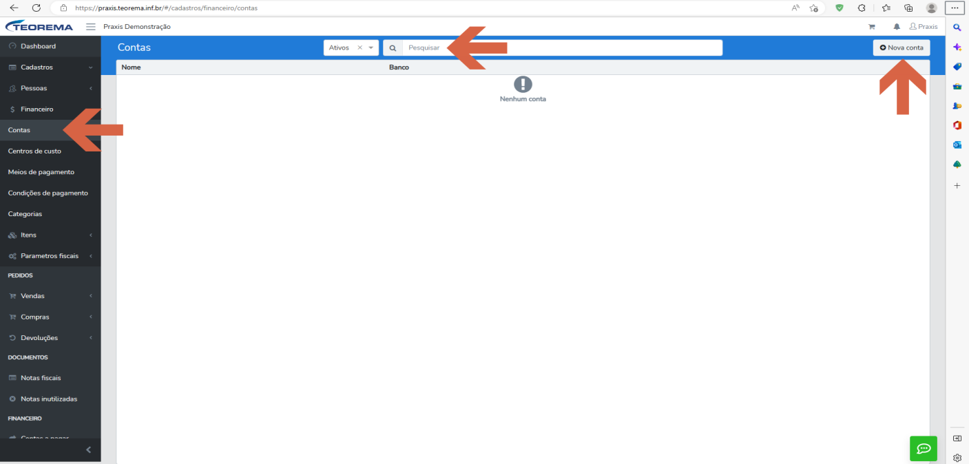 Tela de Contas com o item "Contas" destacado no menu, o campo Pesquisar destacado e o botão "Nova conta" destacado.