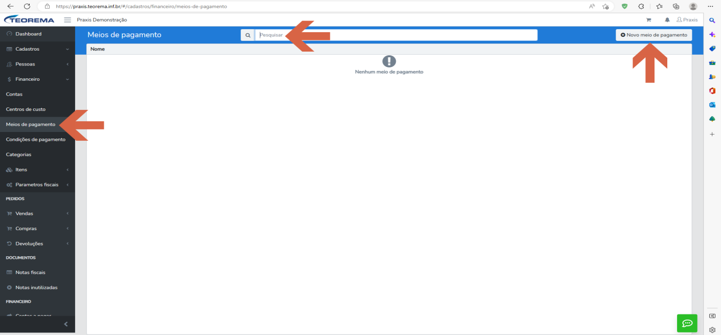 Tela de Meios de pagamento com o item "Meios de pagamento" destacado no menu, o campo Pesquisar destacado, a mensagem "Nenhum meio de pagamento" e o botão "Novo meio de pagamento" destacado.