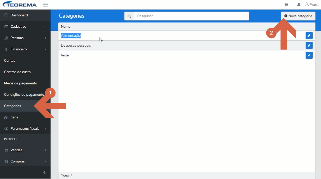 Tela de Categorias com o item "Categorias" (marcado com 1) destacado no menu, a listagem de categorias e o botão "Nova categoria" (marcado com 2) destacado.