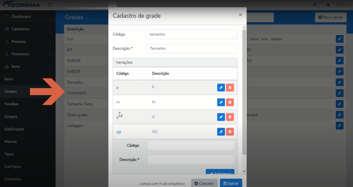Janela "Cadastro de grade" com os campos Código (tamanho) e Descrição (Tamanho) e a seção Variações listando os pares Código/Descrição (p/P, m/M, g/G, gg/GG), além dos campos para adicionar uma nova variação e do botão "Salvar".