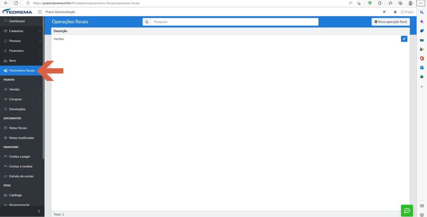 Tela de Operações fiscais com o item "Parametros fiscais" destacado no menu e a listagem com a operação "Vendas".