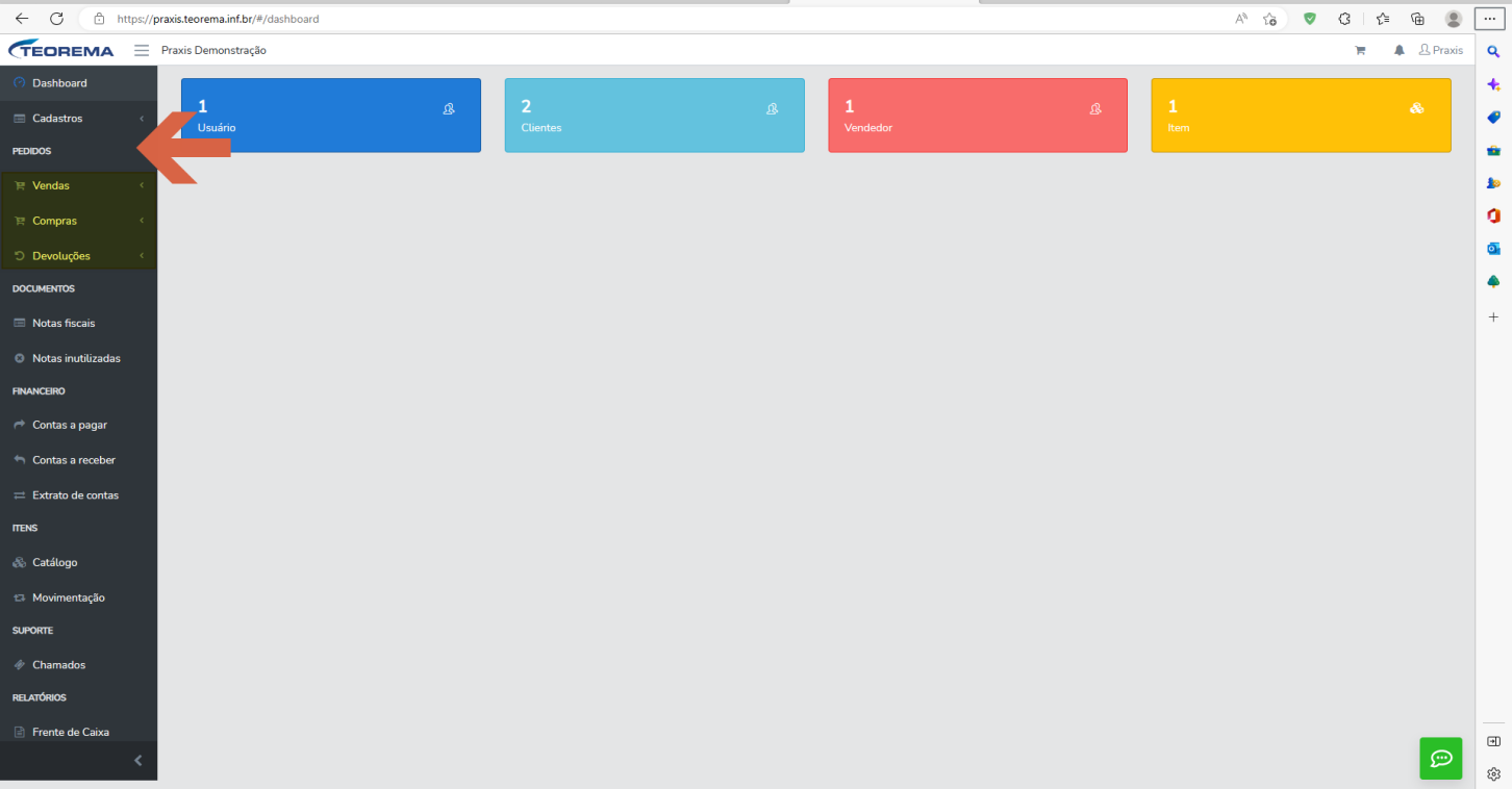 Dashboard com o grupo "Pedidos" do menu lateral destacado, contendo as opções Vendas, Compras e Devoluções.