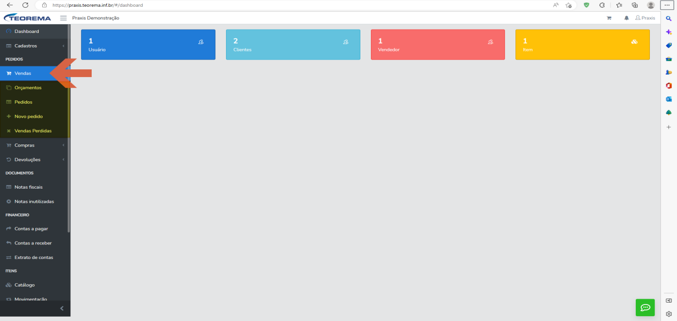 Dashboard com o submenu "Vendas" expandido, exibindo as opções Orçamentos, Pedidos, "Novo pedido" e "Vendas Perdidas".