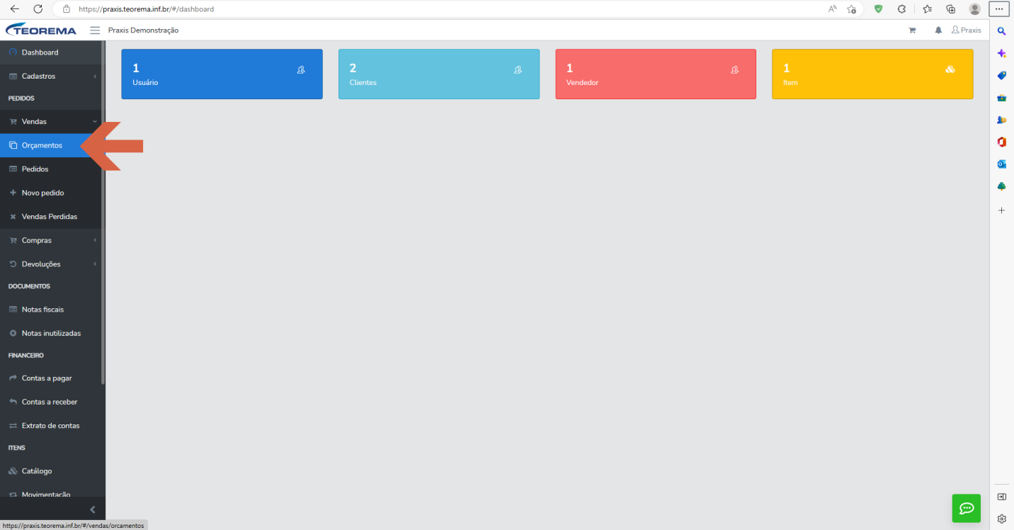 Dashboard com o item "Orçamentos" do submenu Vendas destacado.
