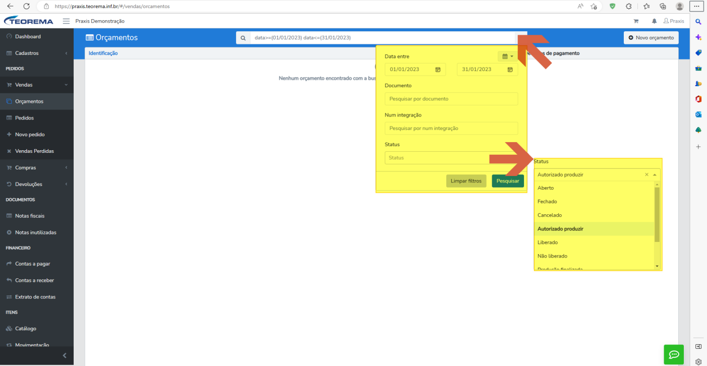 Tela de Orçamentos com o painel de filtros aberto, contendo "Data entre", Documento, "Num integração" e Status, com a lista de status aberta (Autorizado produzir, Aberto, Fechado, Cancelado, Liberado, "Não liberado", entre outros).