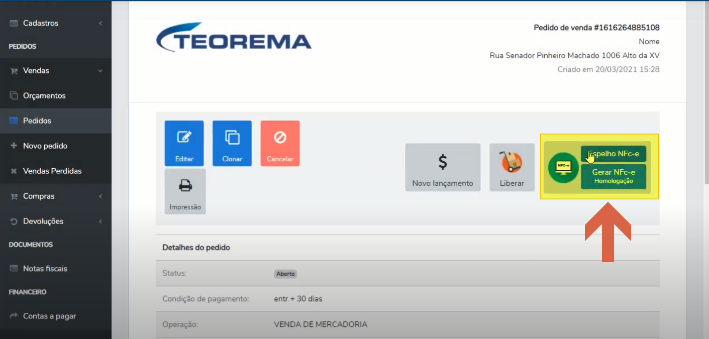 Tela do Pedido de venda (#1616264885108) com os botões "Novo lançamento", Liberar e o bloco "Espelho NFc-e / Gerar NFc-e Homologação" destacado.
