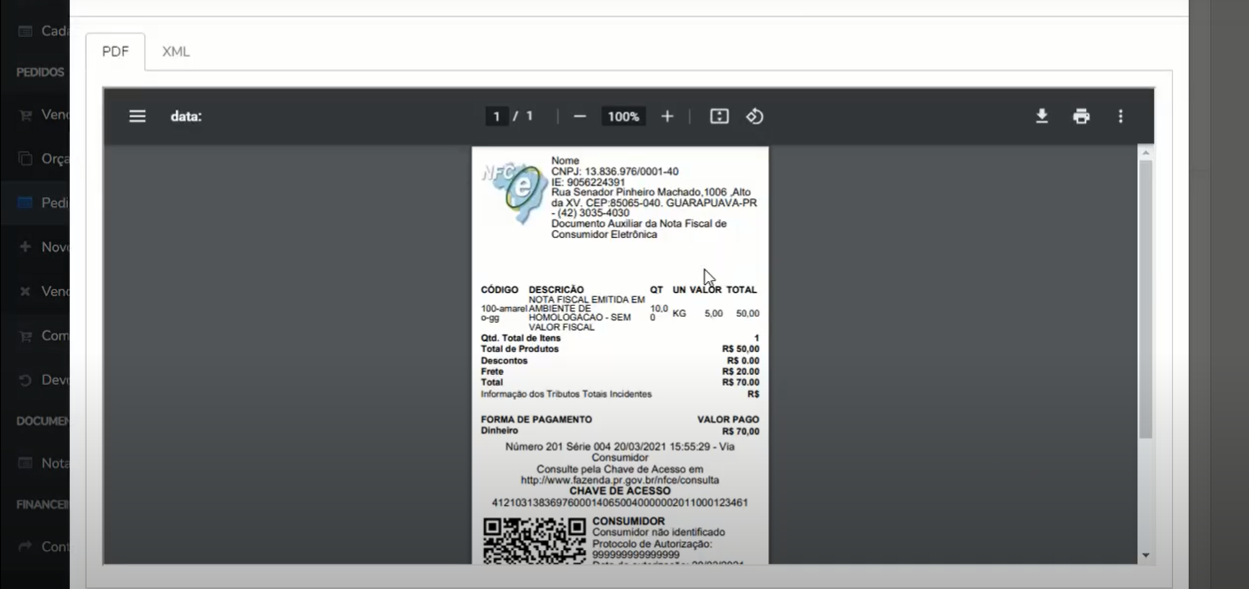 Visualização do DANFCE (Documento Auxiliar da Nota Fiscal de Consumidor Eletrônica) em homologação, com dados do emitente, itens, totais, forma de pagamento, chave de acesso e QR Code.