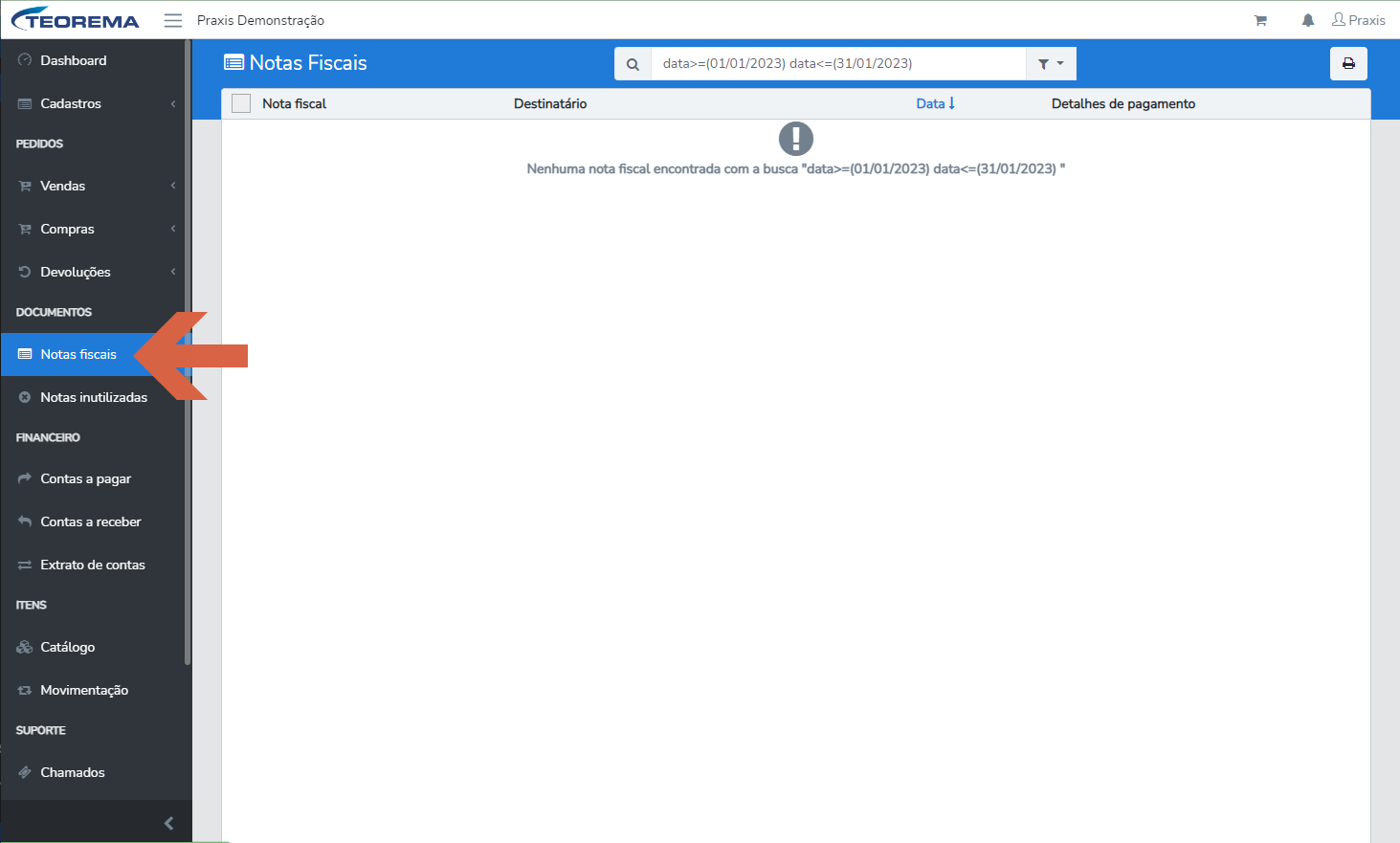 Tela de Notas Fiscais com o item "Notas fiscais" destacado no menu, a barra de pesquisa por data e a mensagem "Nenhuma nota fiscal encontrada" para o filtro aplicado.