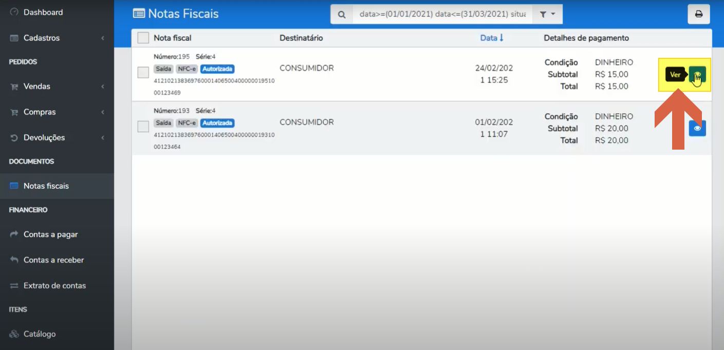 Tela de Notas Fiscais com a listagem filtrada de notas autorizadas e o botão "Ver" destacado na linha de uma nota.