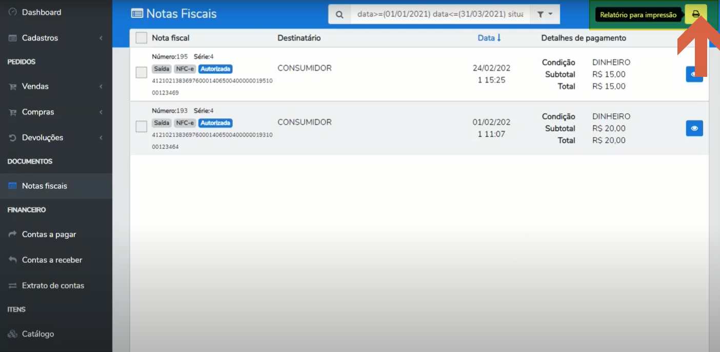 Tela de Notas Fiscais com a listagem de notas e o botão "Relatório para impressão" destacado no canto superior direito.