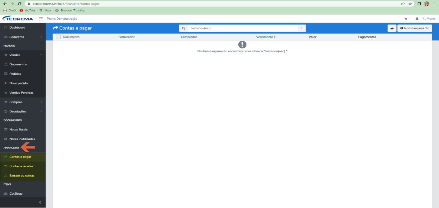 Tela de Contas a pagar com o grupo "Financeiro" do menu lateral destacado (Contas a pagar, Contas a receber e Extrato de contas) e a mensagem "Nenhum lançamento encontrado" para o filtro aplicado.