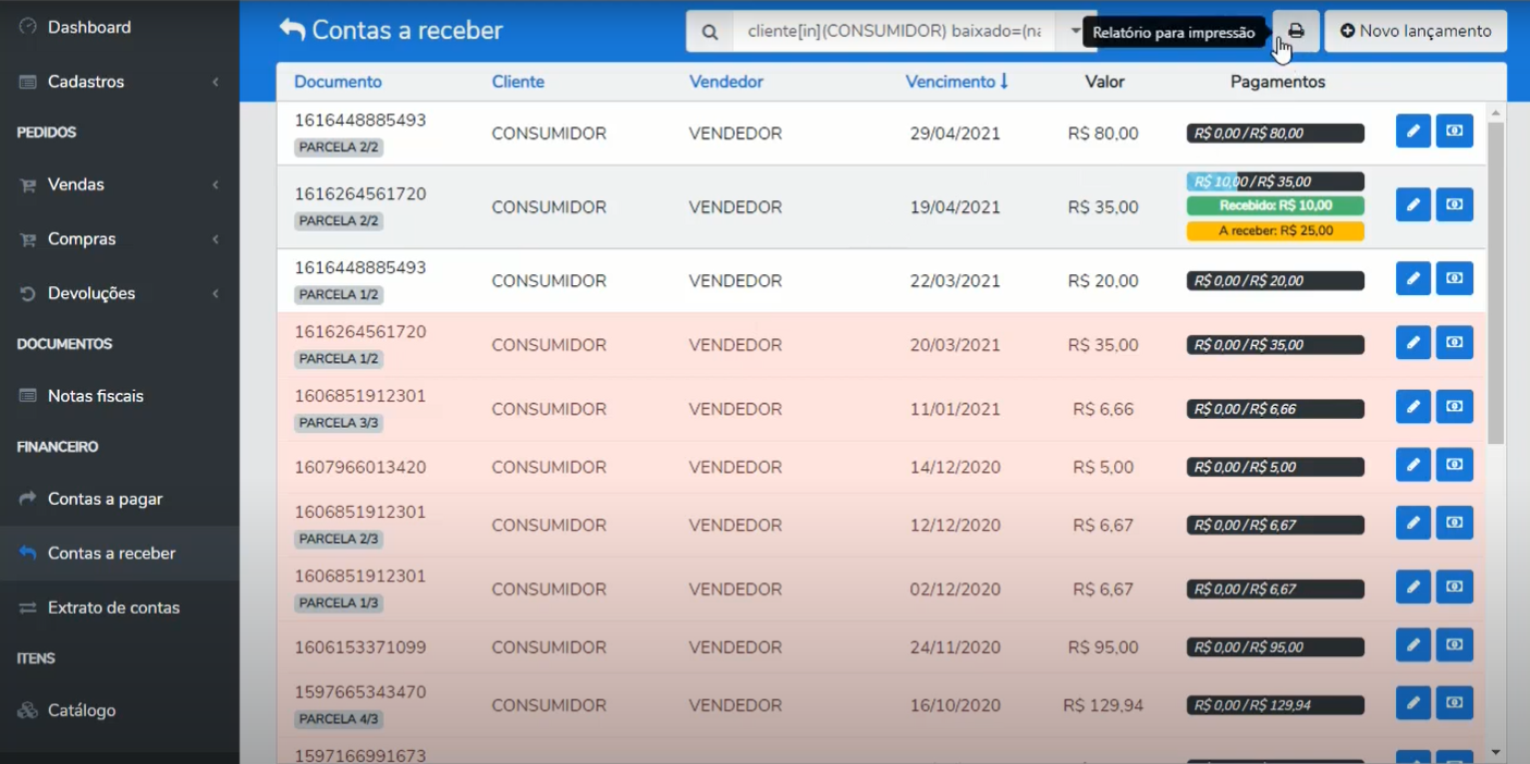Tela de Contas a receber com a listagem de documentos e o botão "Relatório para impressão" destacado no canto superior direito.