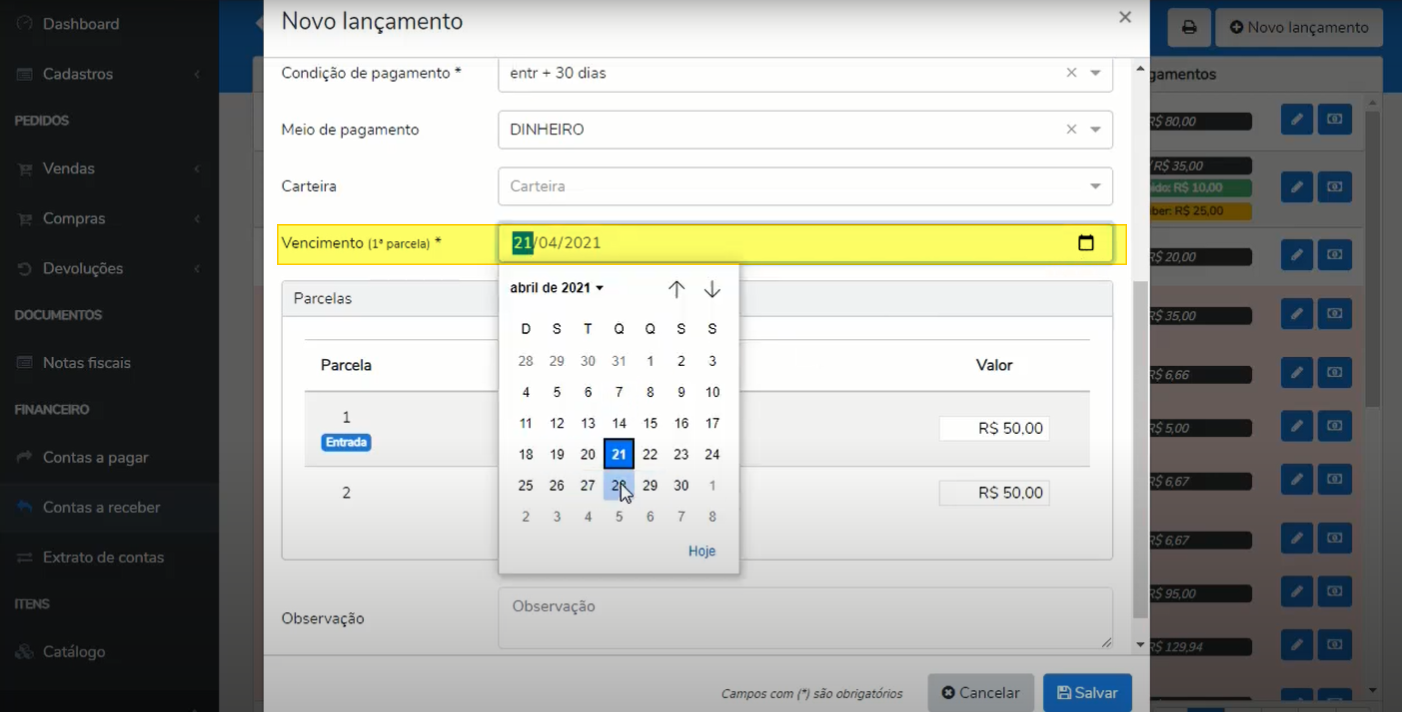 Janela "Novo lançamento" com o campo "Vencimento (1ª parcela)" destacado e o calendário aberto para seleção da data; abaixo, a seção Parcelas.