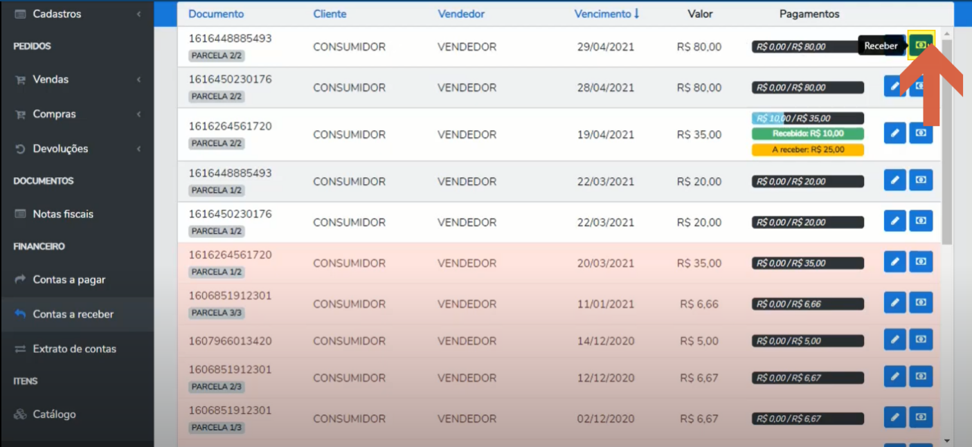 Tela de Contas a receber com a listagem de documentos e o botão "Receber" destacado na linha de um lançamento.