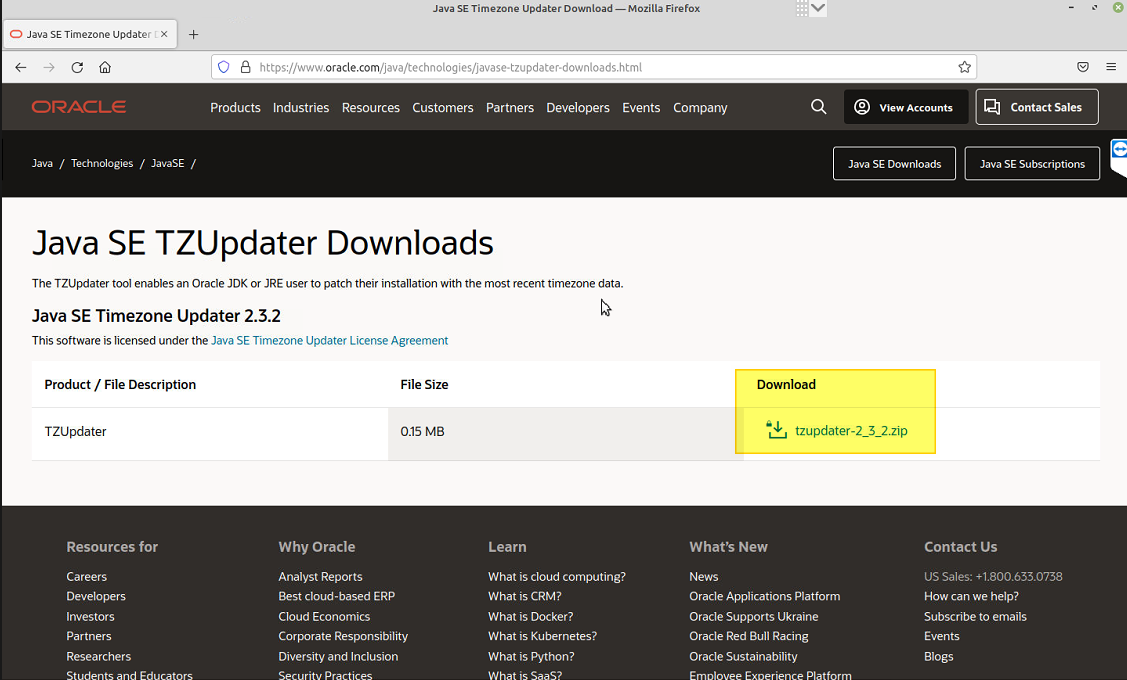Página Java SE TZUpdater Downloads no Oracle.com exibindo Java SE Timezone Updater 2.3.2 com botão de download do arquivo tzupdater-2_3_2.zip