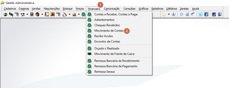 Menu Financeiro com submenu expandido mostrando as opções: Contas a Receber/Contas a Pagar, Adiantamentos, Cheques Recebidos, Movimento de Contas (destacado), Recibo Avulso, Encontro de Contas, Orçado x Realizado, Movimento de Frente de Caixa, Remessa Bancária de Recebimento, Remessa Bancária de Pagamento, Remessa Serasa