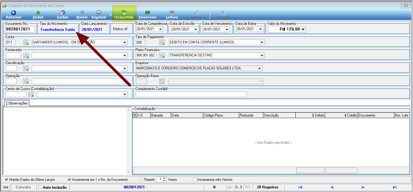 Tela Cadastro de Movimento de Contas mostrando o registro de saída: Documento 0028012021, Tipo do Movimento Transferência Saída, Data Lançamento 28/01/2021, Conta 013 SANTANDER ILUMISOL - EM OPERAÇÃO, Tipo de Pagamento 005 DEBITO EM CONTA CORRENTE ILUMISOL, Plano Financeiro 900.001.002 TRANSFERENCIA DESTINO; botão Ctrapartida destacado na barra de ferramentas