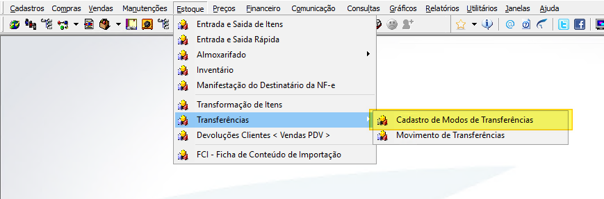 Menu Estoque com submenu Transferências expandido, opção Cadastro de Modos de Transferências selecionada