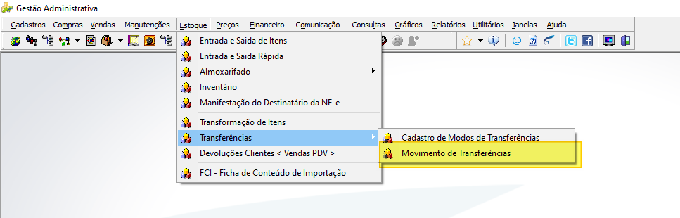 Menu Estoque com submenu Transferências expandido, opção Movimento de Transferências selecionada
