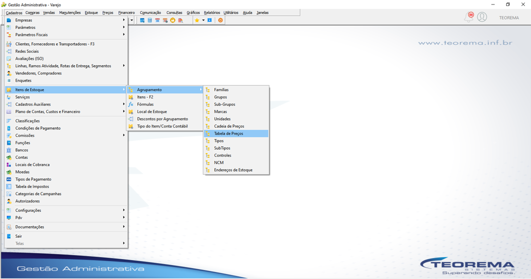 Menu Cadastros com submenu Itens de Estoque expandido, destacando a opção Tabela de Preços