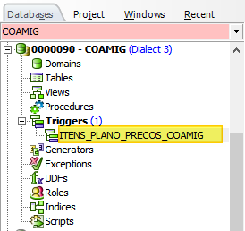 Árvore do gerenciador de banco de dados com banco 0000090 - COAMIG expandido, mostrando o nó Triggers com a trigger ITENS_PLANO_PRECOS_COAMIG