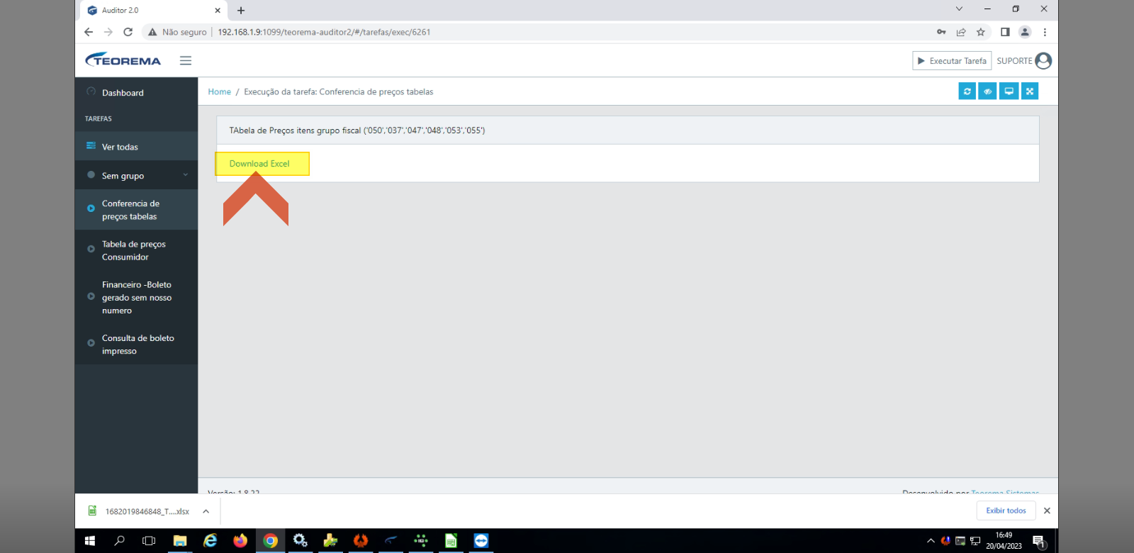 Auditor 2.0, mesma tela de execução da tarefa, com o botão Download Excel disponível para baixar a planilha de conferência