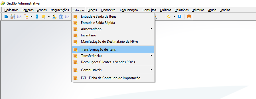 Menu Estoque expandido com a opção "Transformação de Itens" destacada