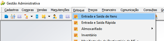 Menu Estoque expandido com a opção "Entrada e Saída de Itens" destacada
