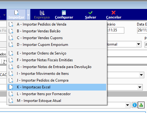 Menu Importar com opções A a M; opção K – Importacao Excel destacada em azul