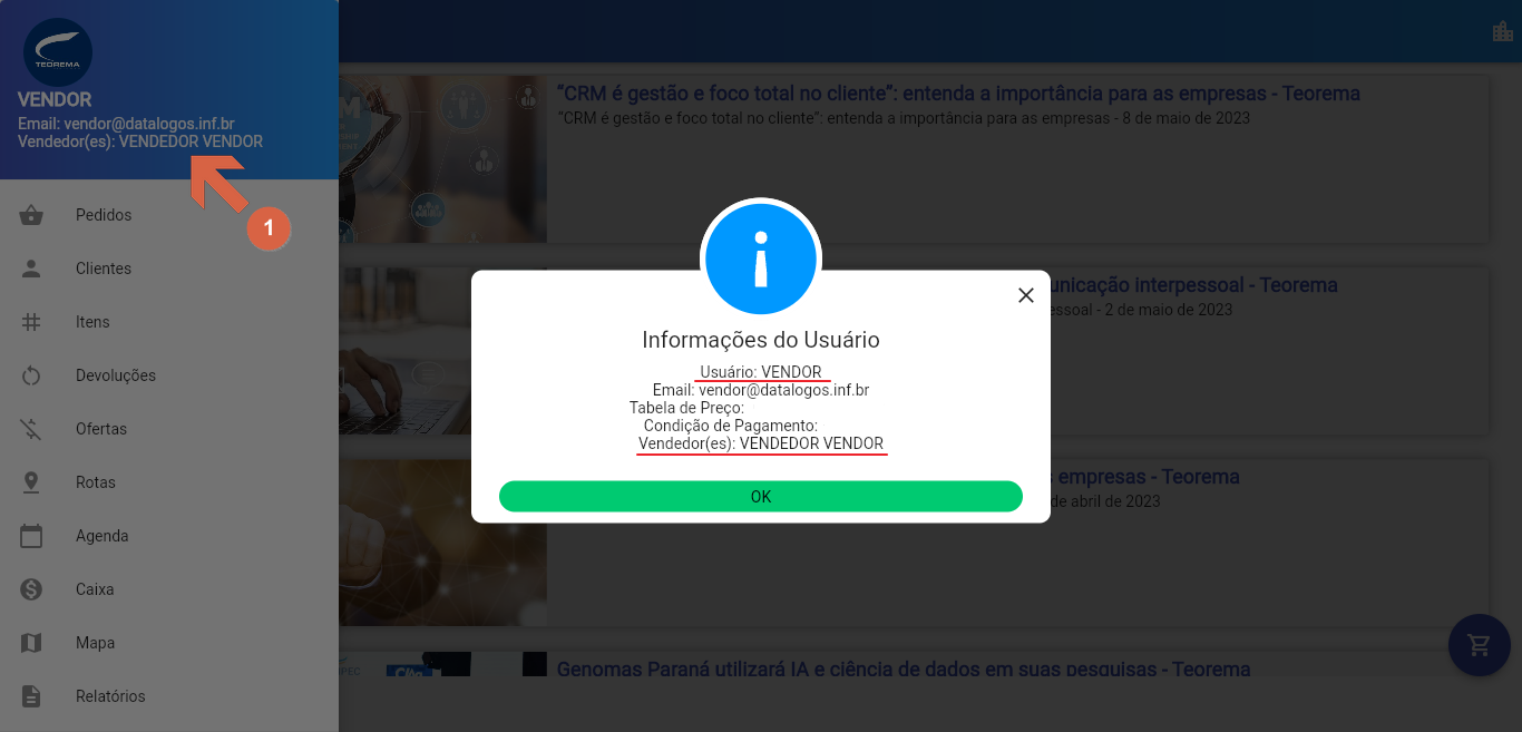 Vendor CRM — modal Informações do Usuário exibindo campos Usuário, E-mail, Tabela de Preço, Condição de Pagamento e Vendedor(es)