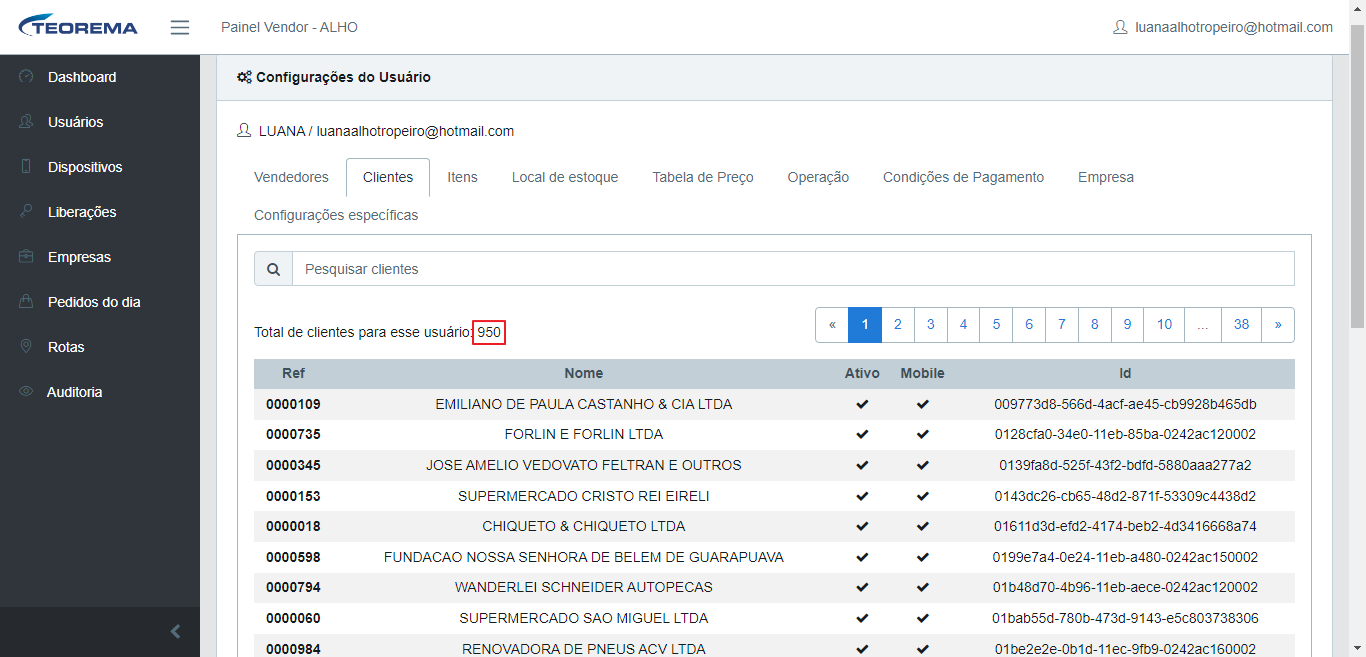 Painel Vendor - Configurações do Usuário (LUANA), aba Clientes selecionada, exibindo campo "Total de clientes para esse usuário: 950" e listagem paginada com 38 páginas de clientes ativos