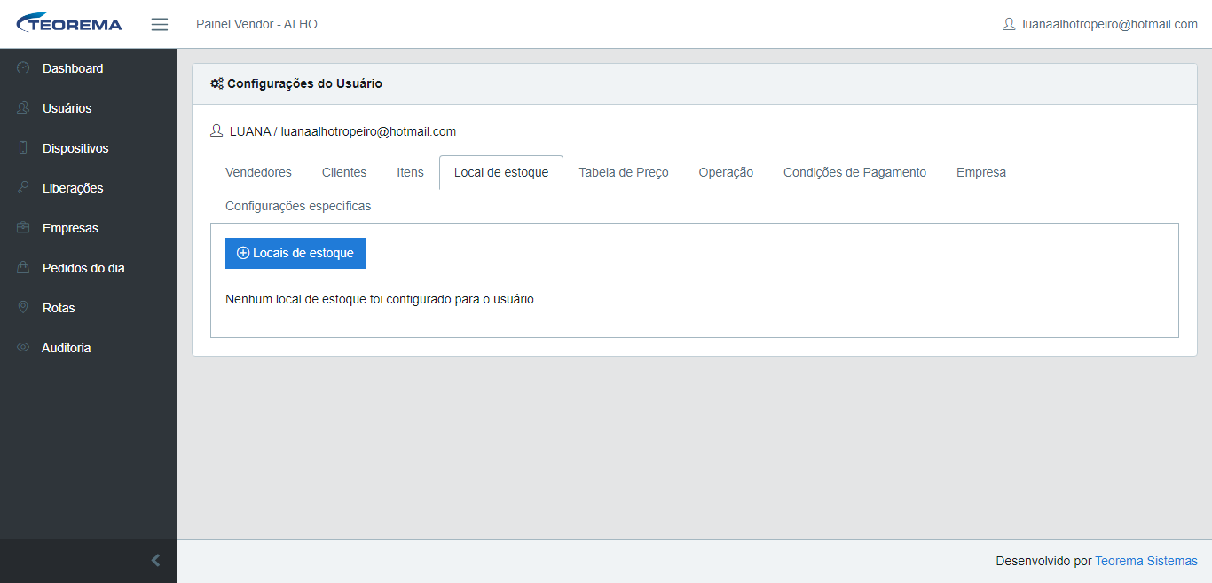 Painel Vendor - Configurações do Usuário (LUANA), aba Local de estoque selecionada, com mensagem "Nenhum local de estoque foi configurado para o usuário."