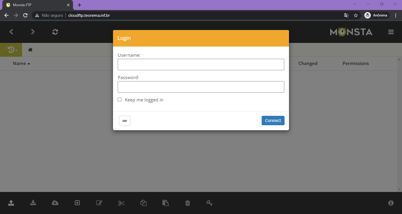 Tela inicial do Monsta FTP em cloudftp.teorema.inf.br, exibindo modal de Login com campos Username e Password vazios, caixa "Keep me logged in" e botão Connect