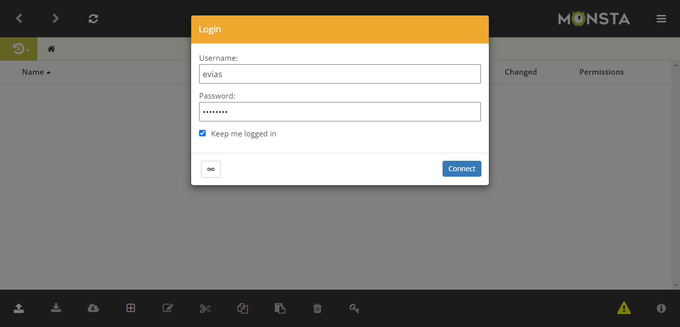 Modal de Login do Monsta FTP preenchido com usuário no campo Username, senha mascarada no campo Password, caixa "Keep me logged in" marcada e botão Connect