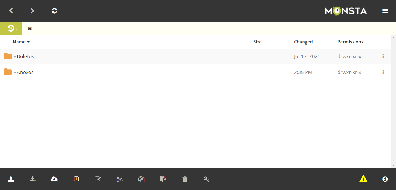 Tela principal do Monsta FTP após login, listando as pastas Boletos e Anexos com colunas Name, Size, Changed e Permissions