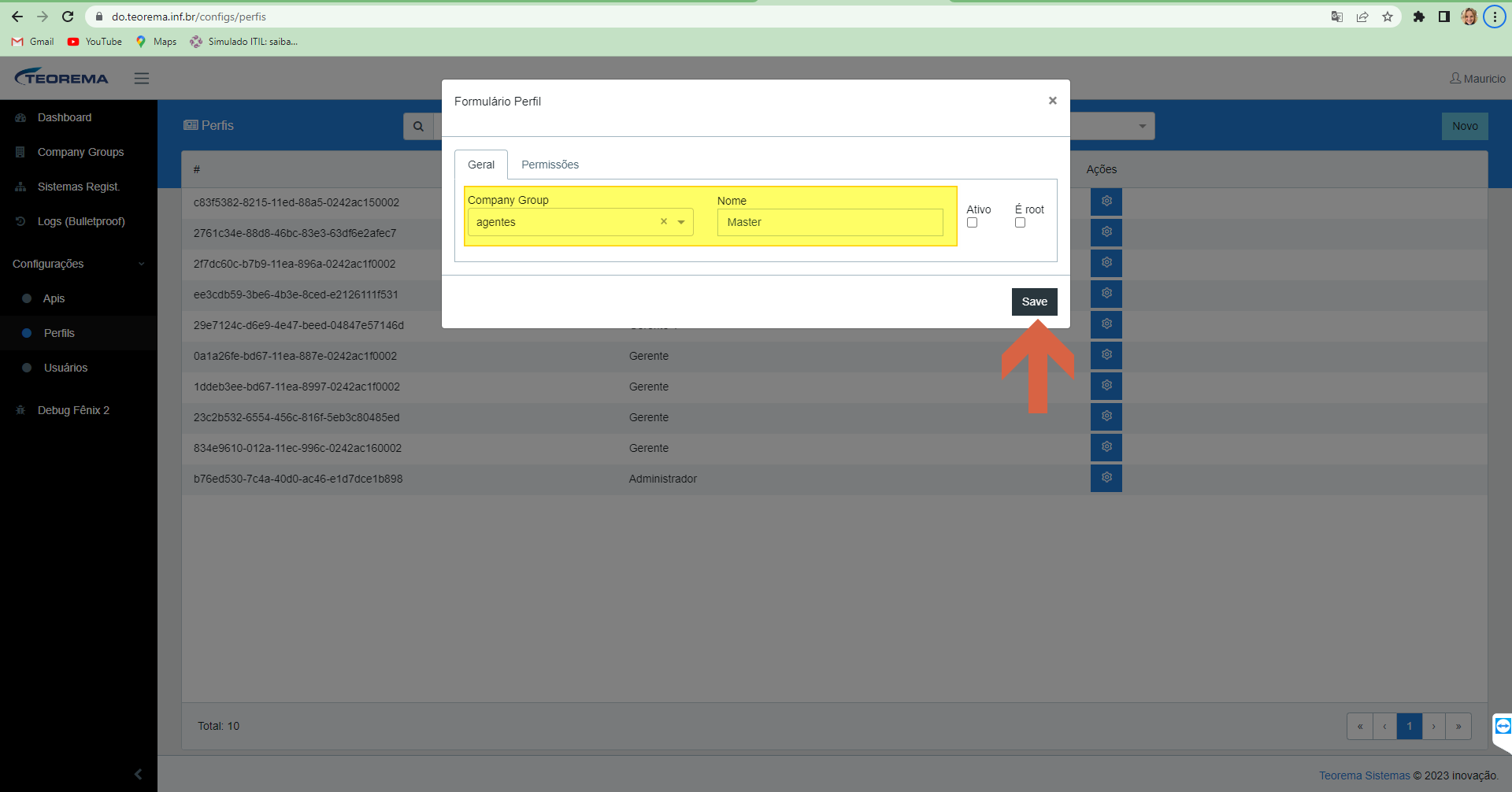 Formulário Perfil com Company Group preenchido como "agentes" e Nome como "Master" e botão Save destacado