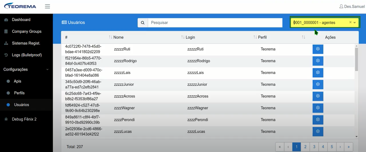 Tela Usuários filtrada pelo company group 0001_0000001 - agentes exibindo lista com colunas Nome, Login e Perfil