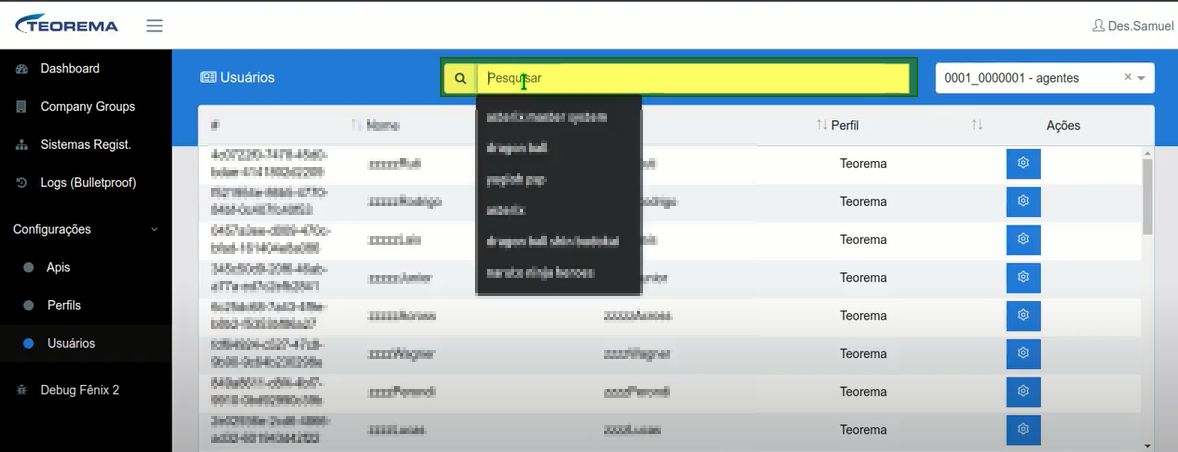 Tela Usuários com campo Pesquisar ativo exibindo dropdown de sugestões de usuários