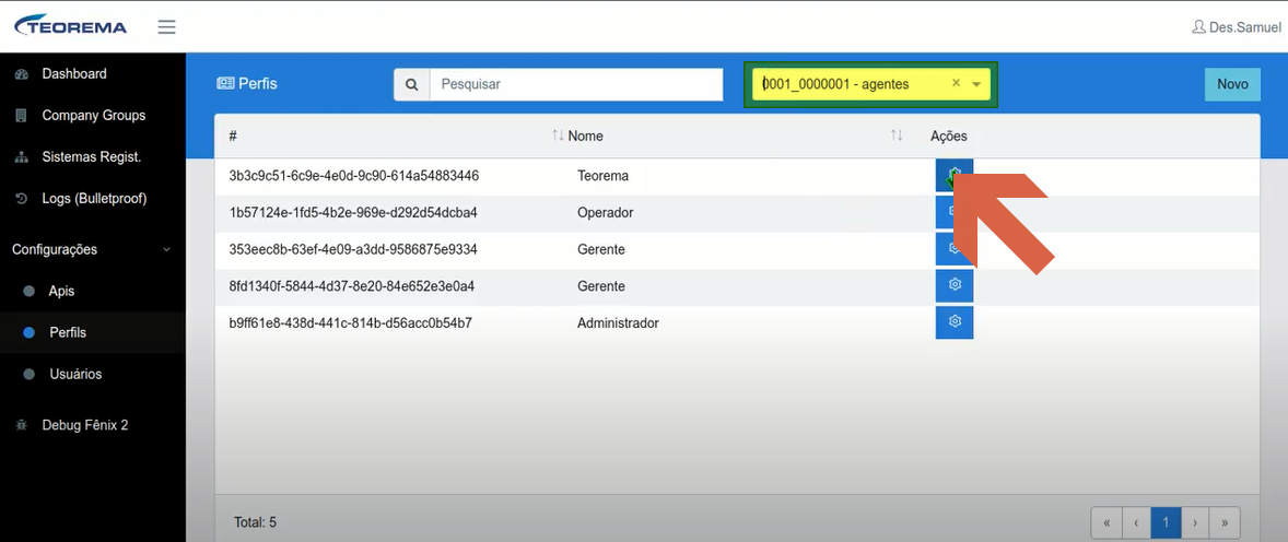 Tela Perfis filtrada pelo company group 0001_0000001 - agentes com lista de perfis e botão de ações destacado
