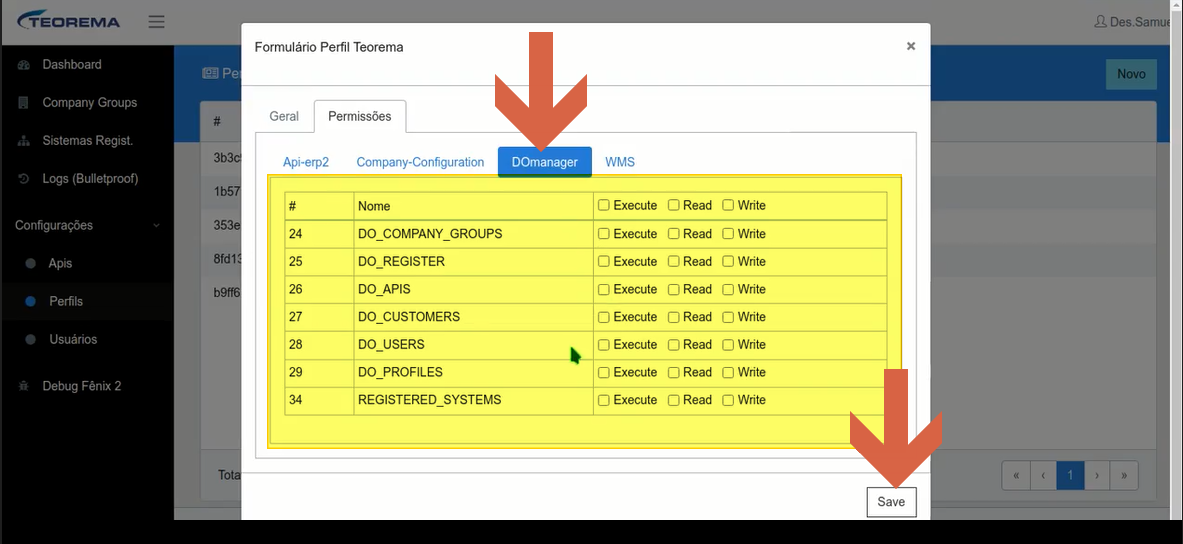 Formulário Perfil Teorema com sub-aba DOmanager ativa exibindo módulos 24 DO_COMPANY_GROUPS, 25 DO_REGISTER, 26 DO_APIS, 27 DO_CUSTOMERS, 28 DO_USERS, 29 DO_PROFILES, 34 REGISTERED_SYSTEMS com colunas Execute, Read e Write e botão Save