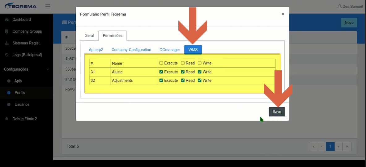Formulário Perfil Teorema com sub-aba WMS ativa exibindo módulos 31 Ajuste e 32 Adjustments com checkboxes Execute, Read e Write marcados e botão Save