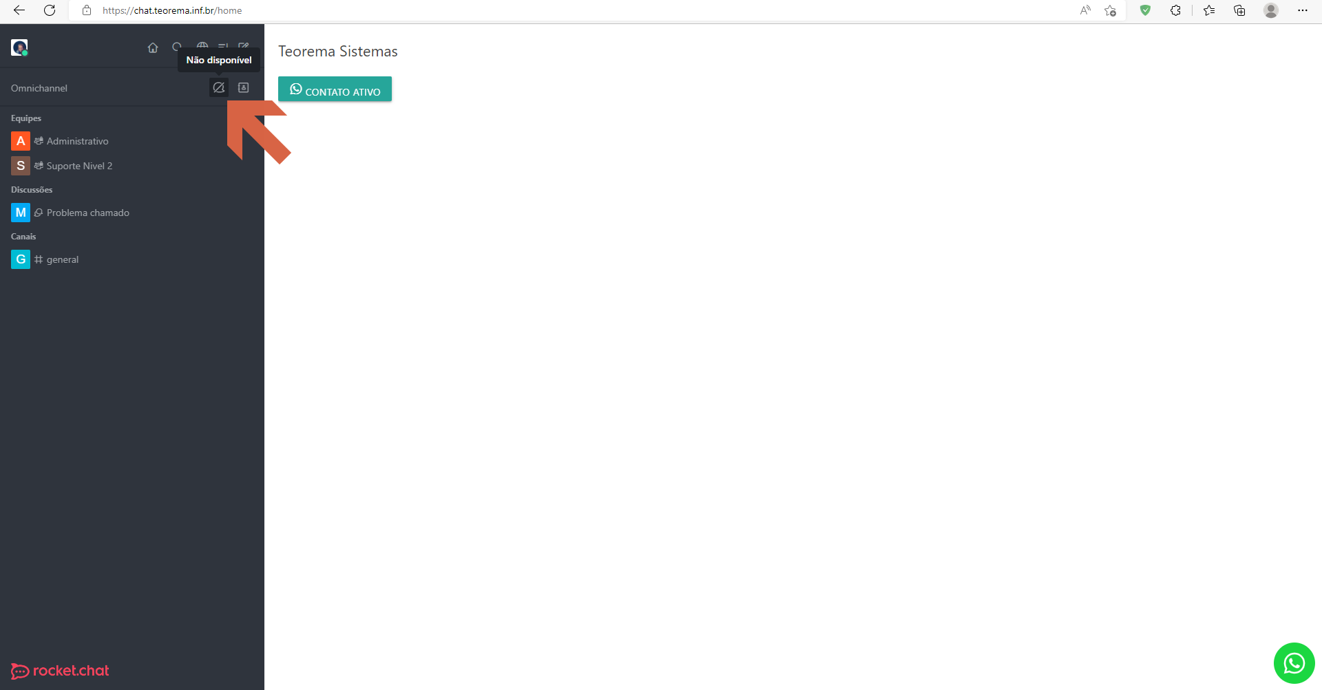 Barra lateral do Rocket.Chat com seção Omnichannel e tooltip "Não disponível" sobre o ícone de status