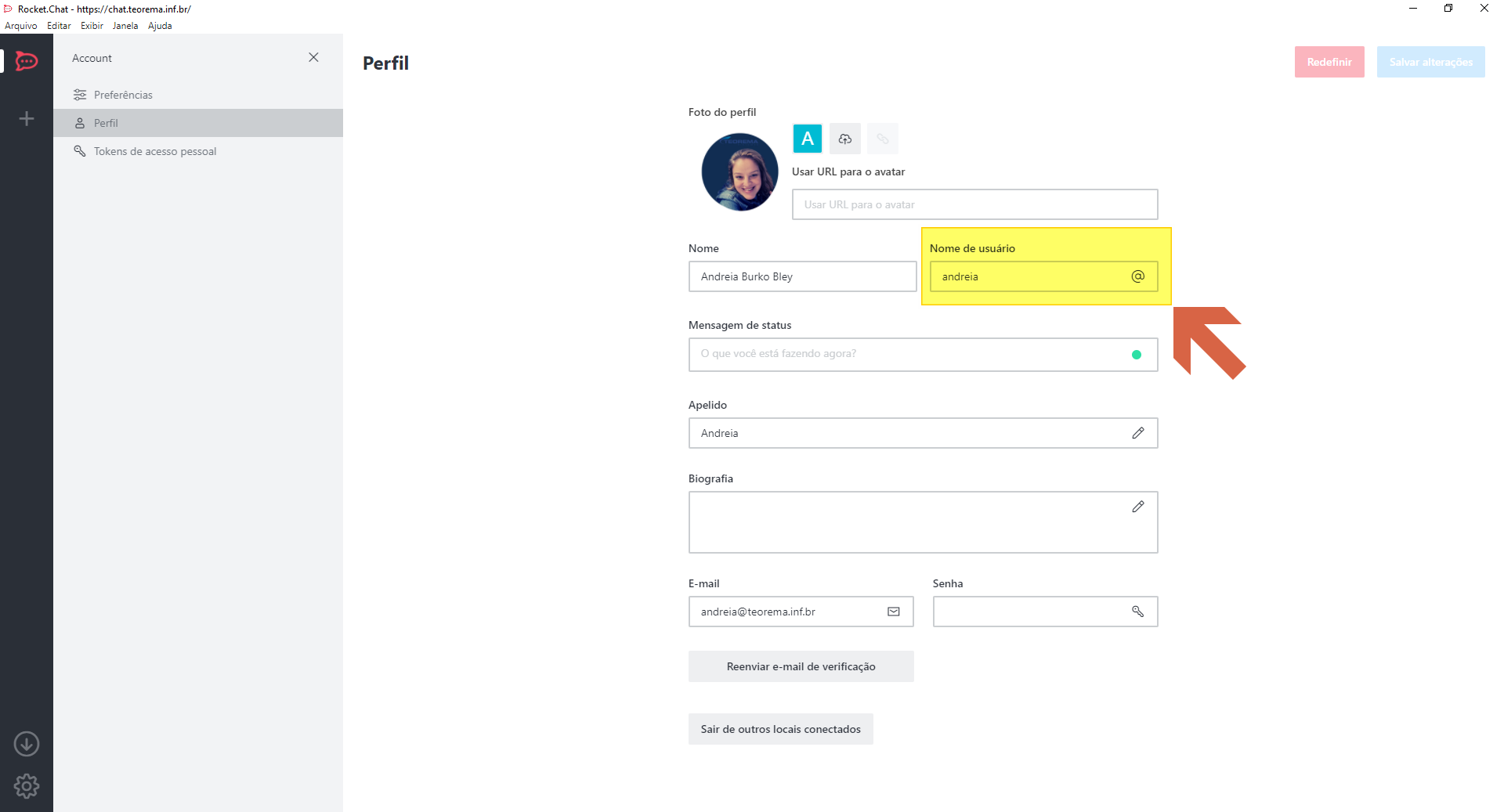 Tela Perfil do Rocket.Chat com campos Nome, Nome de usuário (valor "andreia"), Mensagem de status, Apelido, Biografia, E-mail e Senha