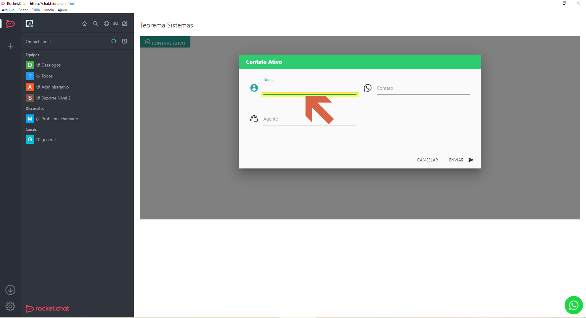 Modal "Contato Ativo" com campo Nome ativo e campos Contato e Agente vazios, botões Cancelar e Enviar