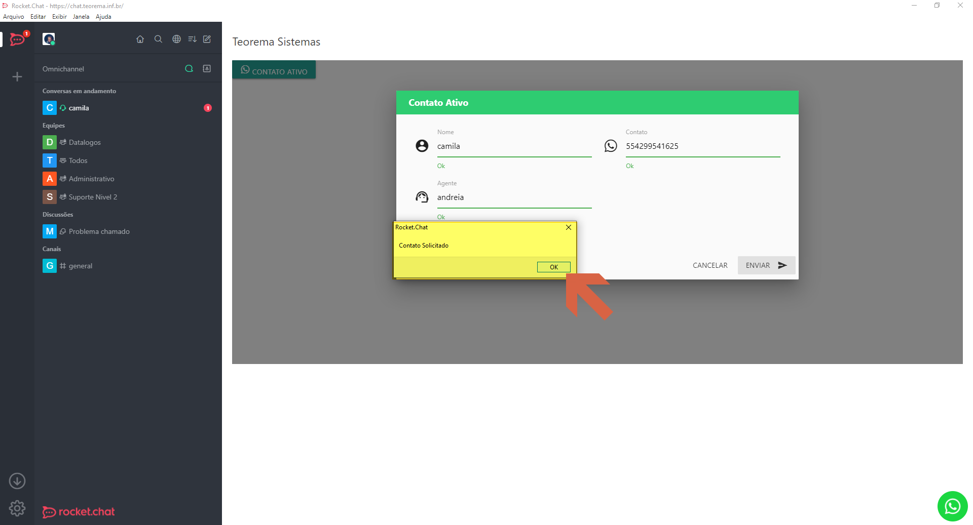Modal "Contato Ativo" com diálogo "Rocket.Chat" exibindo a mensagem "Contato Solicitado" e botão OK