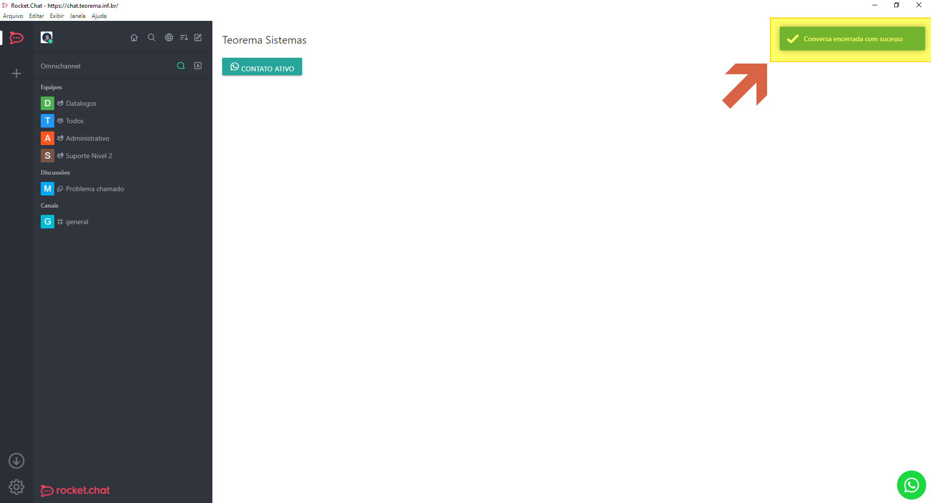 Tela Omnichannel com notificação "Conversa encerrada com sucesso" no canto superior direito